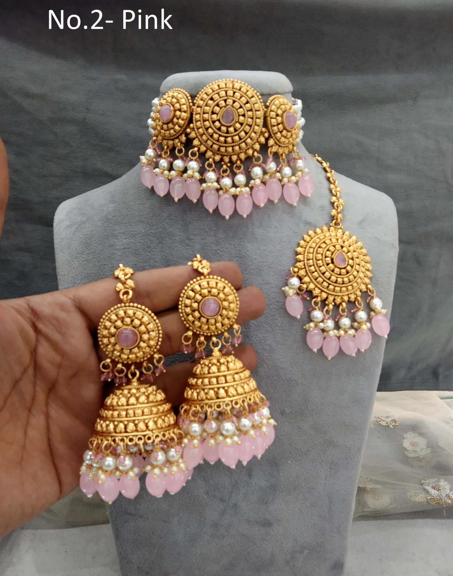 Gold pink polki choker necklace Jewellery Indian punjabi birpal Jewellery