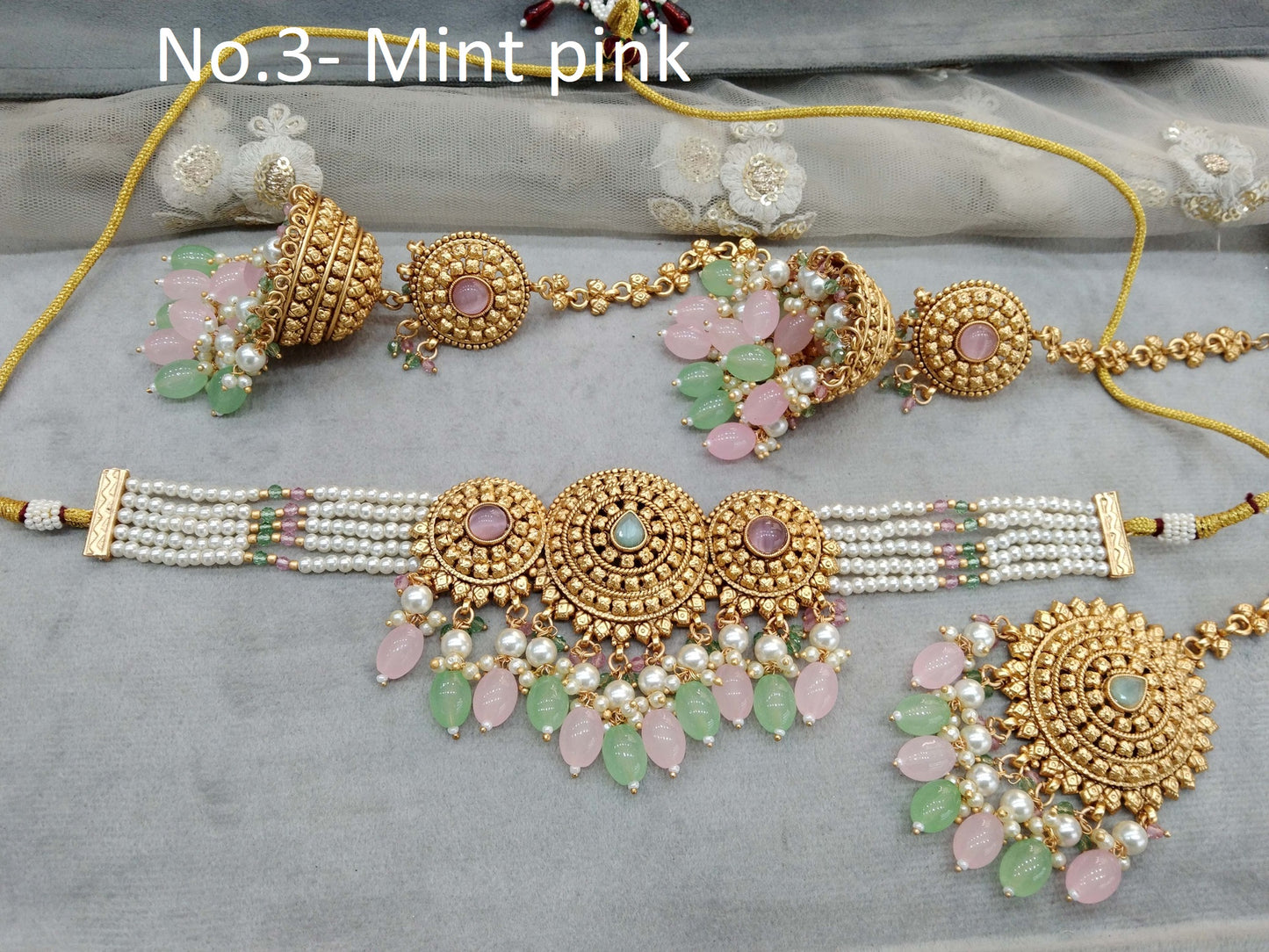 Gold mint pink polki choker necklace Indian punjabi birpal Jewellery