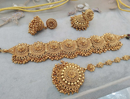 Antique Gold Plat Punjabi  Style Polki Choker Indian Jewellery Set