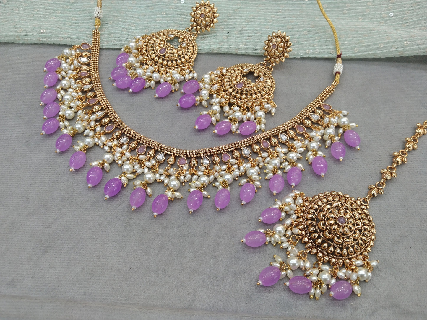 Gold lavender polki Necklace Indian punjabi birpal Jewellery