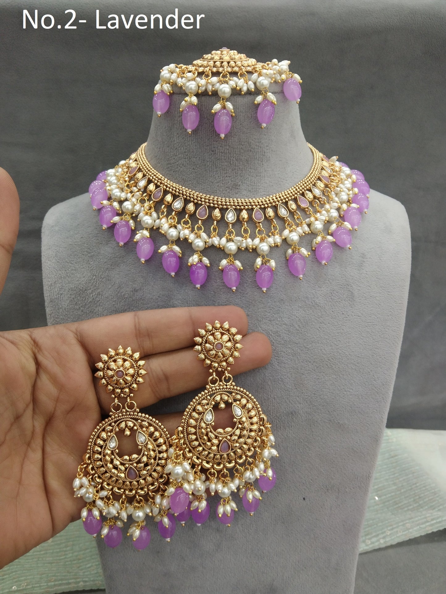 Gold lavender polki Necklace Indian punjabi birpal Jewellery