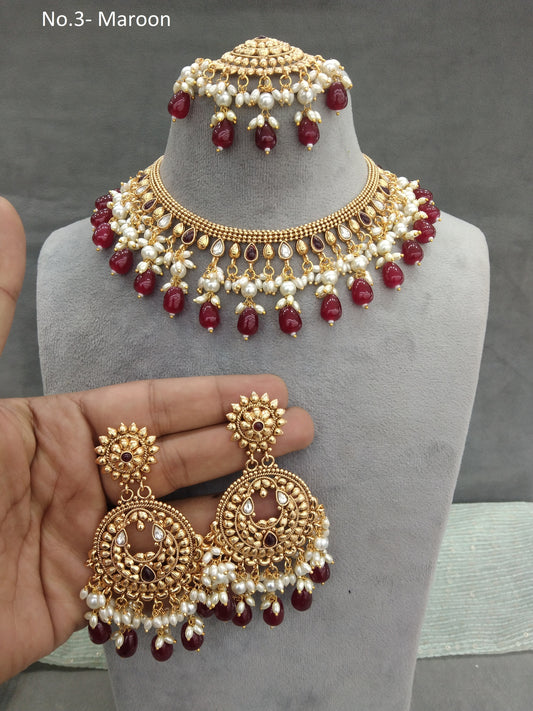 Gold maroon polki necklace Indian punjabi birpal Jewellery