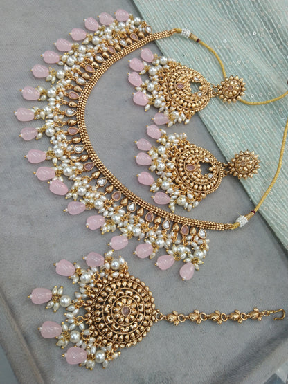 Gold pink polki necklace Indian punjabi birpal Jewellery