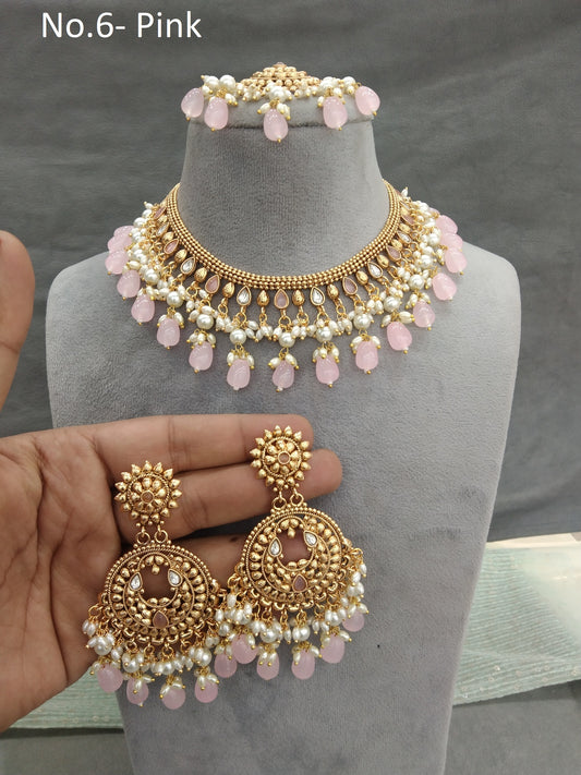 Gold pink polki necklace Indian punjabi birpal Jewellery