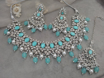 Indian  Jewellery/ Silver sky blue necklace dinki set