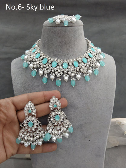 Indian  Jewellery/ Silver sky blue necklace dinki set