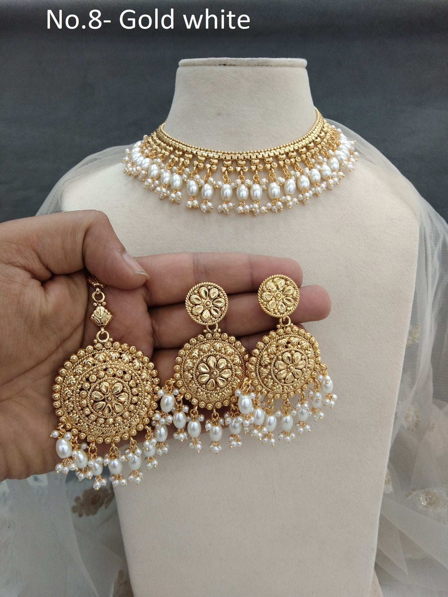 Gold white polki necklace Indian punjabi birpal Jewellery