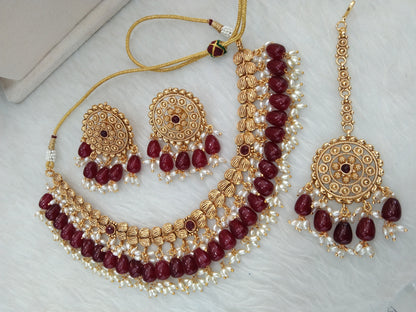 Gold Maroon Polki Necklace Indian Punjabi Birpal Jewellery