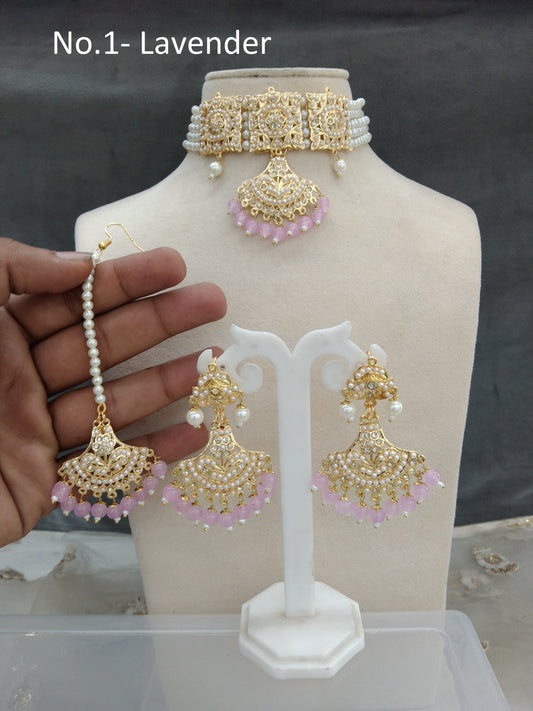 Jadau Gold Pearl lavender Choker Necklace Set/Gold white Indian Necklace Set/Bollywood Punjabi Indian Jewellery