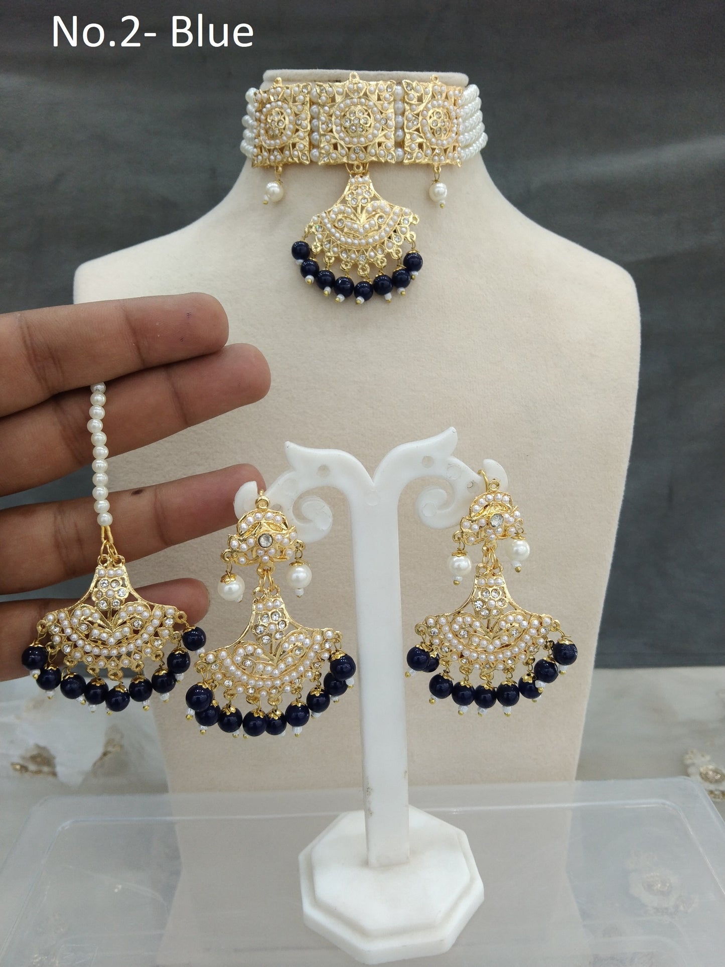 Jadau Gold Pearl blue Choker Necklace Set/Gold white Indian Necklace Set/Bollywood Punjabi Indian Jewellery