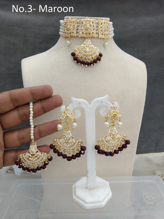 Jadau Gold Pearl maroon Choker Necklace Set/Gold white Indian Necklace Set/Bollywood Punjabi Indian Jewellery