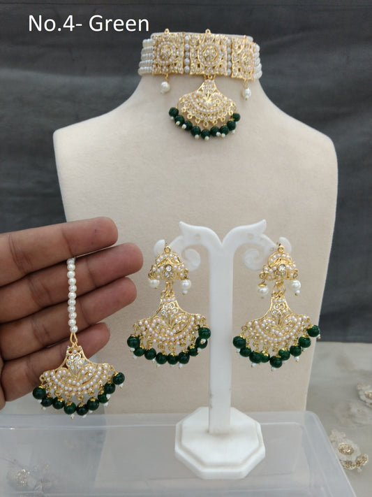 Jadau Gold Pearl green Choker Necklace Set/Gold white Indian Necklace Set/Bollywood Punjabi Indian Jewellery