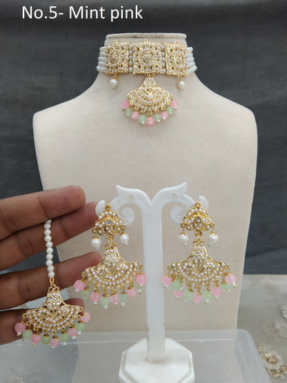 Jadau Gold Pearl mint pink Choker Necklace Set/Gold white Indian Necklace Set/Bollywood Punjabi Indian Jewellery