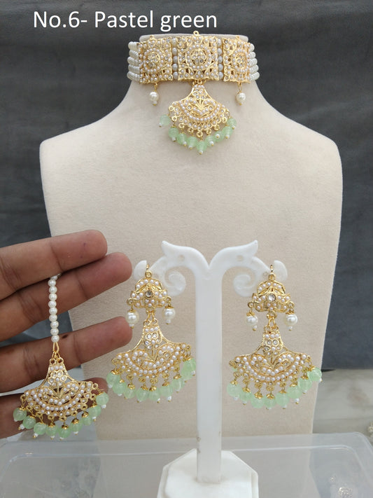 Jadau Gold Pearl pastel green Choker Necklace Set/Gold white Indian Necklace Set/Bollywood Punjabi Indian Jewellery