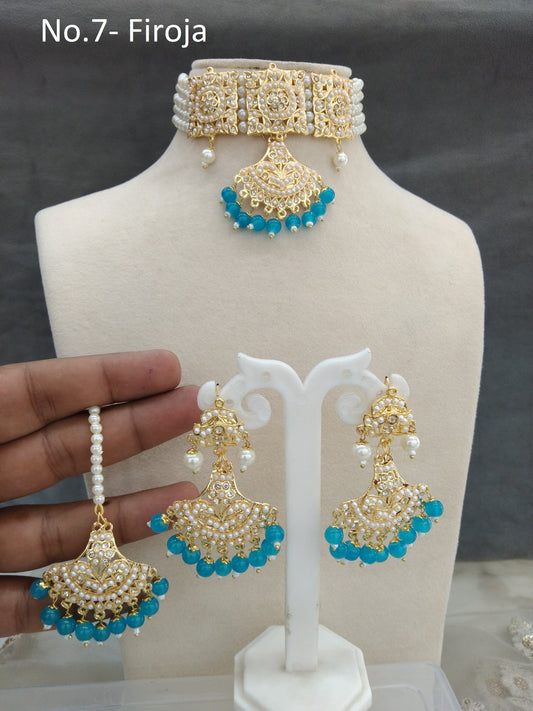 Jadau Gold Pearl firoja Choker Necklace Set/Gold white Indian Necklace Set/Bollywood Punjabi Indian Jewellery