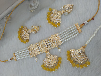 Jadau Gold Pearl yellow Choker Necklace Set/Gold white Indian Necklace Set/Bollywood Punjabi Indian Jewellery