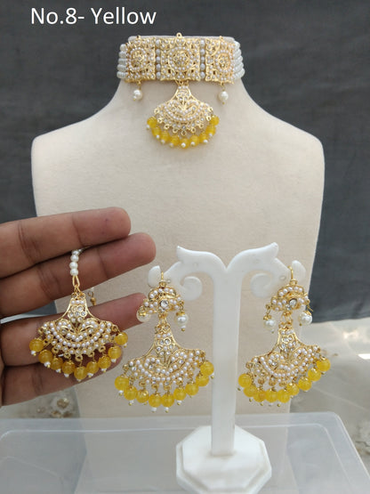 Jadau Gold Pearl yellow Choker Necklace Set/Gold white Indian Necklace Set/Bollywood Punjabi Indian Jewellery