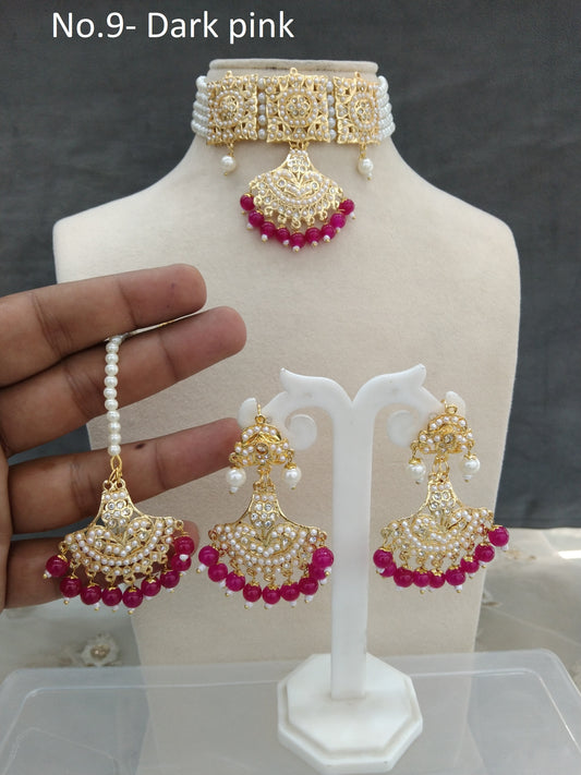 Jadau Gold Pearl dark pink Choker Necklace Set/Gold white Indian Necklace Set/Bollywood Punjabi Indian Jewellery