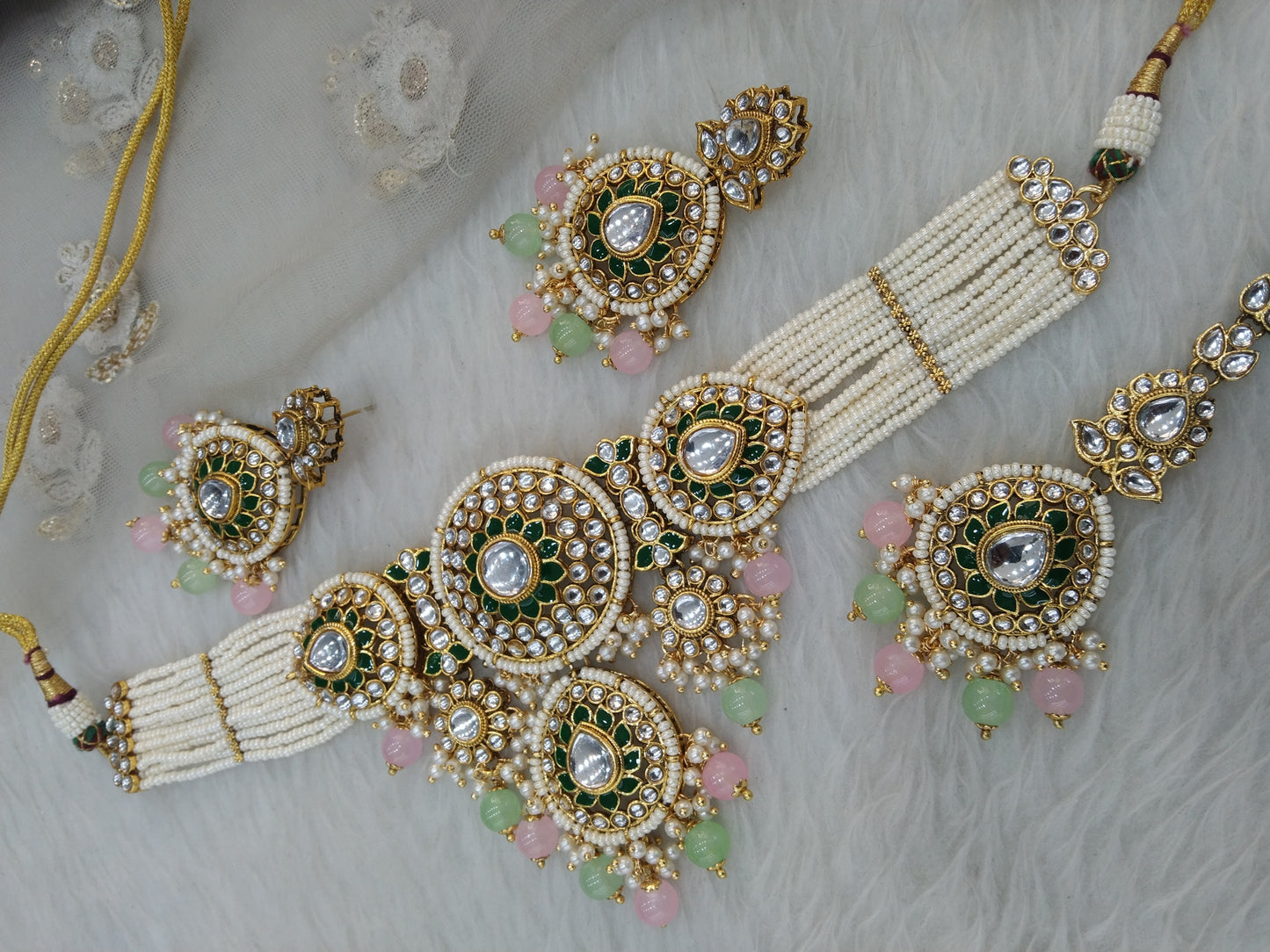 Gold mint pink Kundan choker nili indian jewellery Set