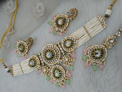 Gold mint pink Kundan choker nili indian jewellery Set