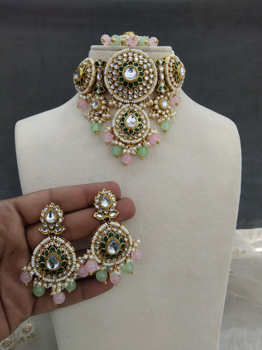 Gold mint pink Kundan choker nili indian jewellery Set