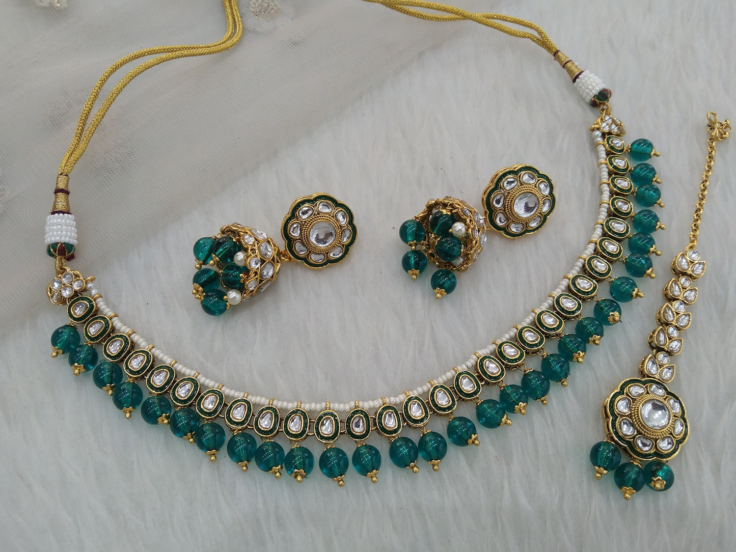 Indian  jewellery gold rama green kundan necklace Set/ kundan holi Set