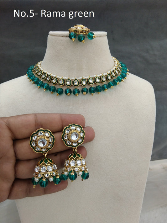 Indian  jewellery gold rama green kundan necklace Set/ kundan holi Set