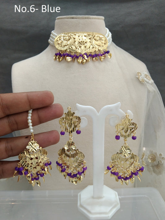 Indian Jewellery/Bridal Gold jadau choker blue pippal patti Set