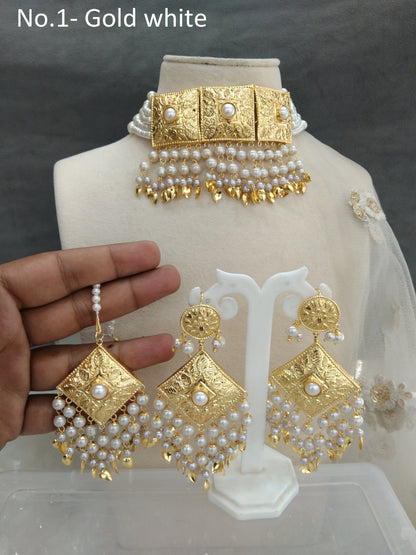 Indian Jewellery/Bridal Gold white jadau choker  pippal patti Set