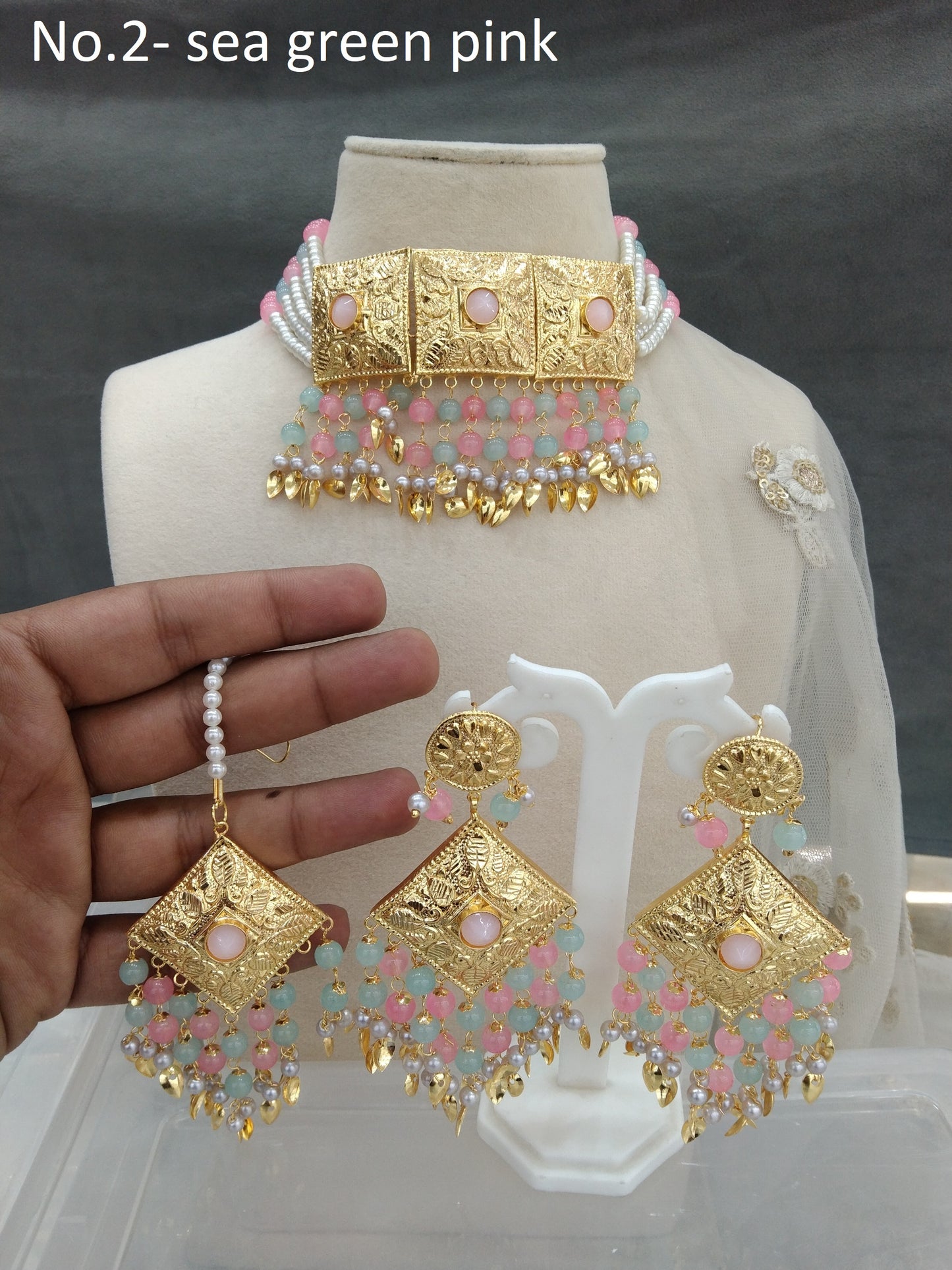 Indian Jewellery/Bridal Gold sea green pink jadau choker  pippal patti Set