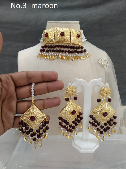 Indian Jewellery/Bridal Gold maroon jadau choker  pippal patti Set