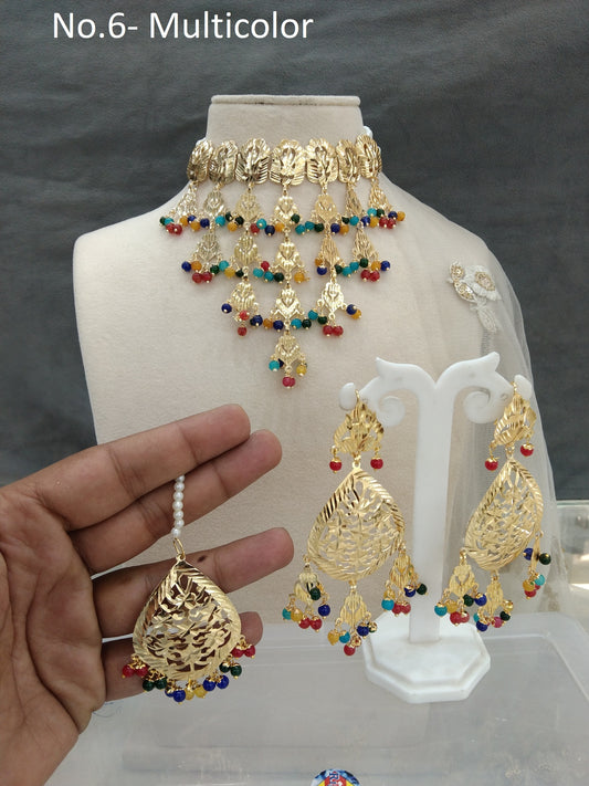 Indian Jewellery/Bridal Gold multicolor jadau choker  pippal patti Set