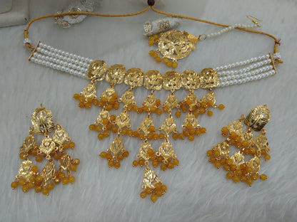 Indian Jewellery/Bridal Gold yellow jadau choker  pippal patti Set