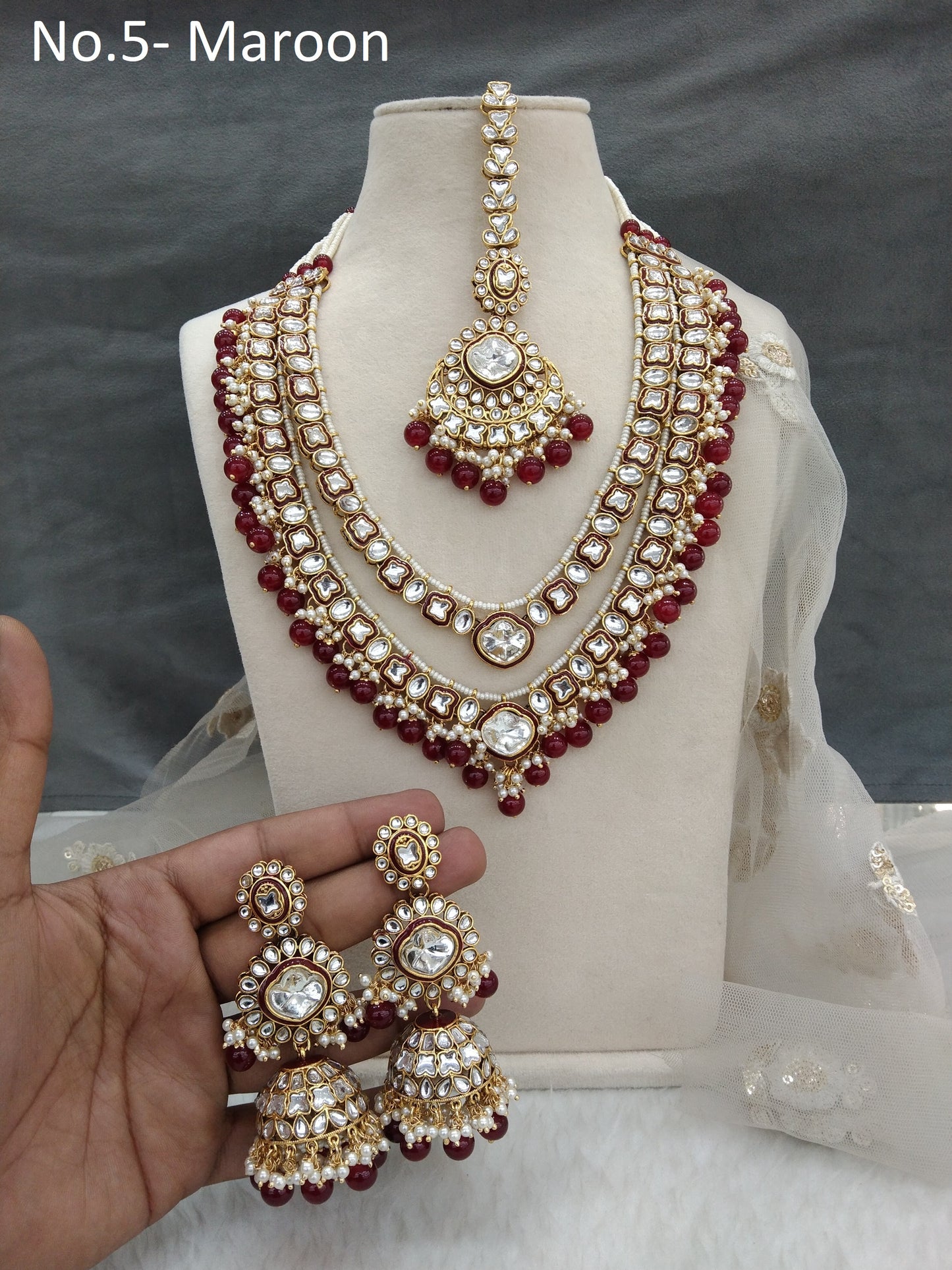 Indian Jewellery/ Gold maroon Bridal Kundan layered necklace Set Indian  Necklace