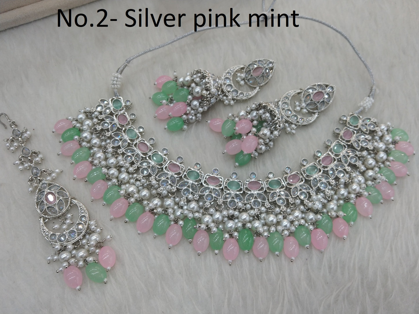 Indian  Jewellery silver pink mint  Necklace Tikka Set/Gold Bollywood Necklace burbank Set