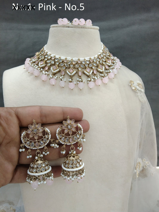 Indian  Jewellery antique pink  Necklace Tikka Set/Gold Bollywood Necklace burbank Set