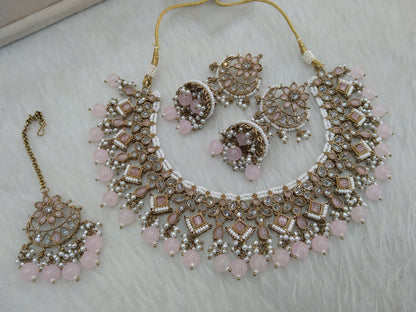 Indian  Jewellery antique pink  Necklace Tikka Set/Gold Bollywood Necklace burbank Set