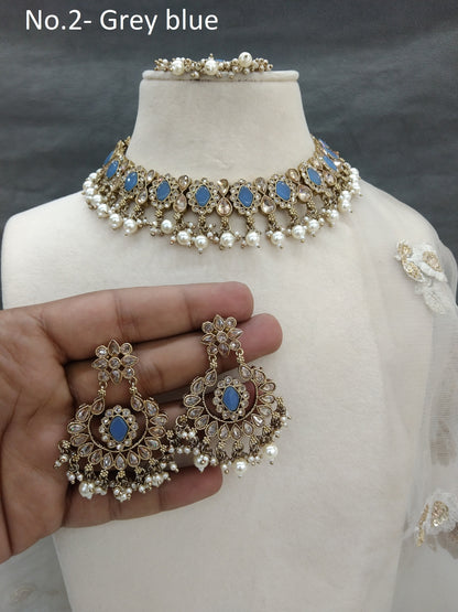 Antique Gold Necklace Set/ Necklace Set Jewellery set /Indian grey blue necklace set/Bridesmaid Jewellery/Shina jewellery Set