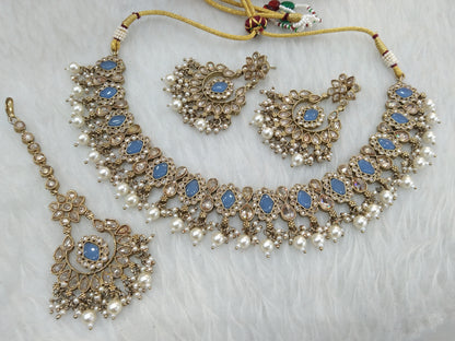 Antique Gold Necklace Set/ Necklace Set Jewellery set /Indian grey blue necklace set/Bridesmaid Jewellery/Shina jewellery Set