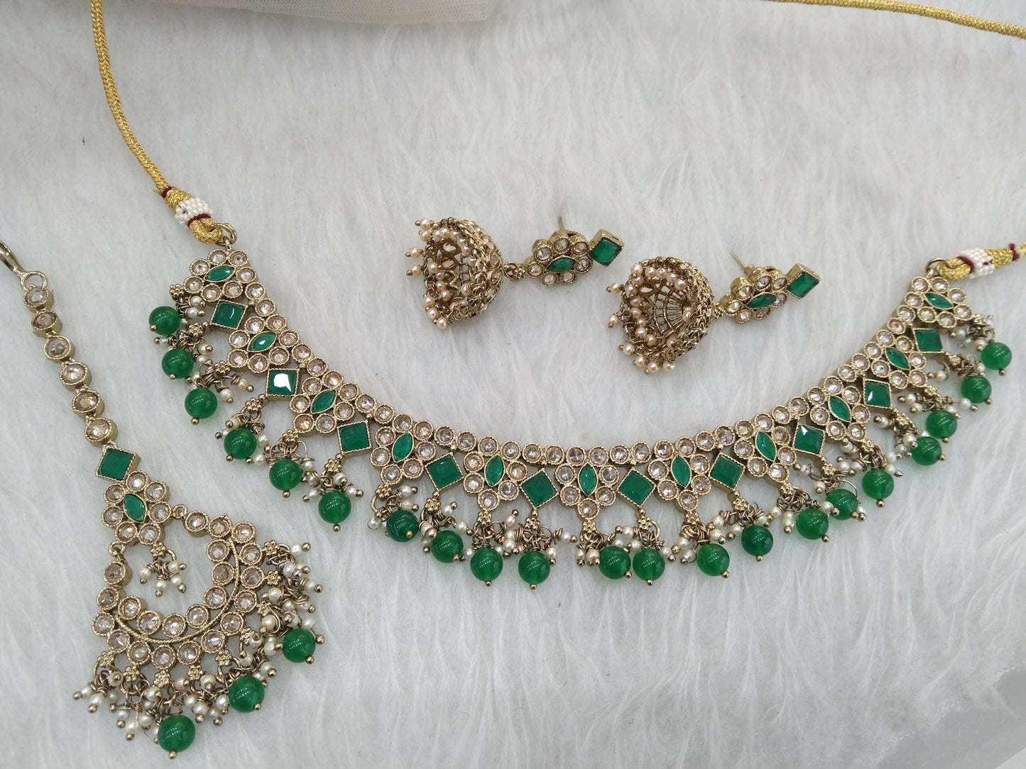 Antique Gold  Necklace Jewellery Set/ Necklace Set Jewellery set /Indian Antique green necklace set/Bridesmaid Jewellery/Shina jewellery Set Online