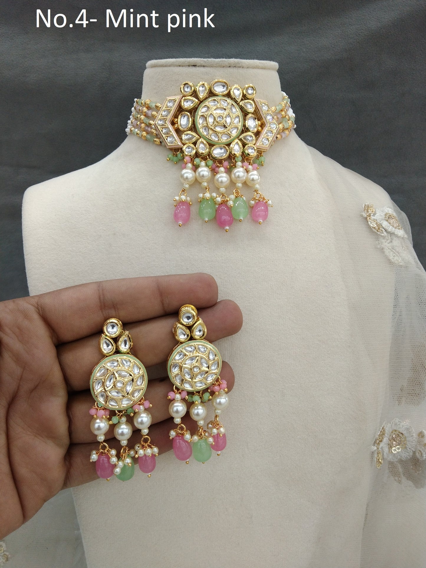 Indian Jewellery/Bridal Gold jadau mint pink Kundan choker Set/Indian Gold Kundan choker Jewellery nosi choker Necklace set