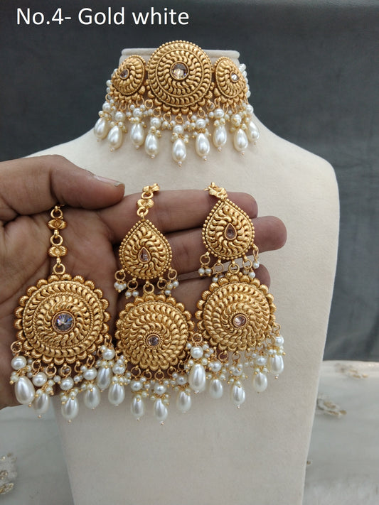 Gold white choker Jewellery set Indian punjabi traditional birpal Indian Jewellery