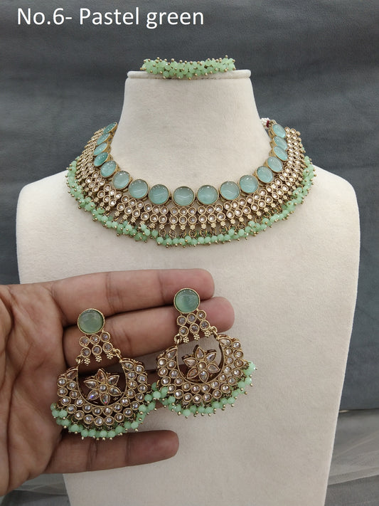 Antique Gold Necklace Set/ Antique gold pastel green Indian Bridal trend Jewellery