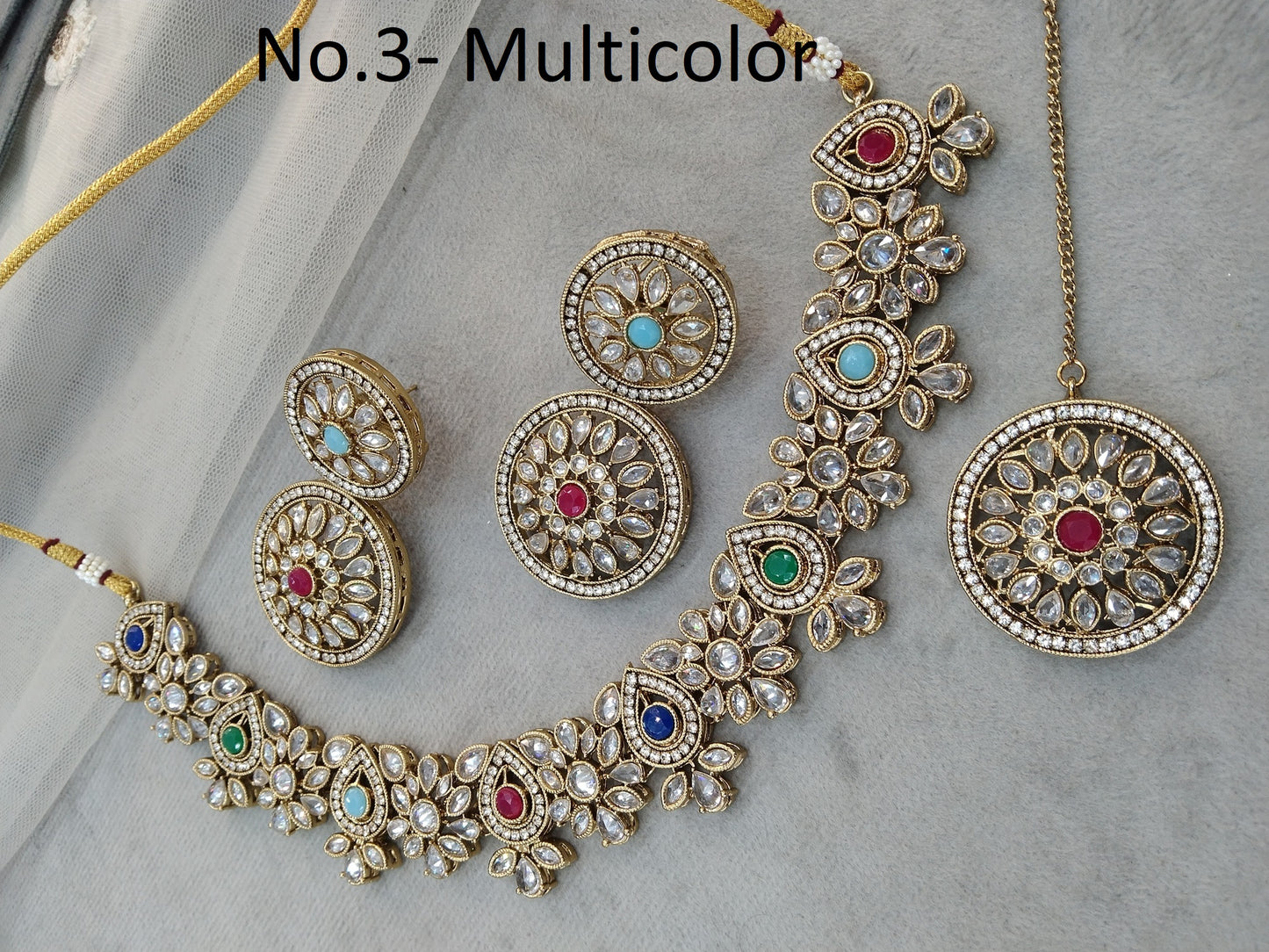 Indian   Jewellery Antique gold multicolor necklace Tikka Set/Gold Bollywood Tauranga Set