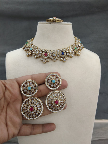 Indian   Jewellery Antique gold multicolor necklace Tikka Set/Gold Bollywood Tauranga Set