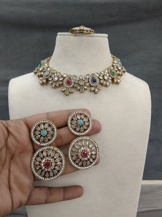 Indian   Jewellery Antique gold multicolor necklace Tikka Set/Gold Bollywood Tauranga Set