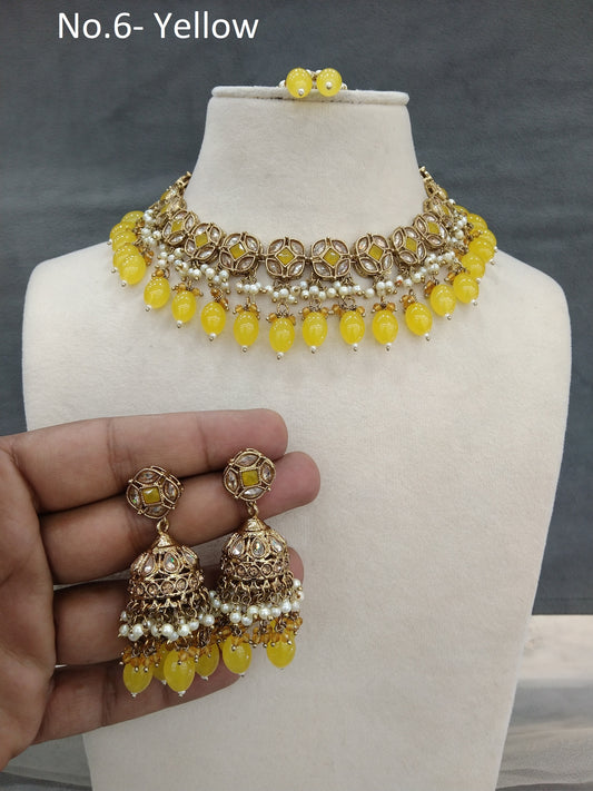 Indian  Jewellery Antique gold yellow necklace Tikka Set/Gold Bollywood Tauranga Set