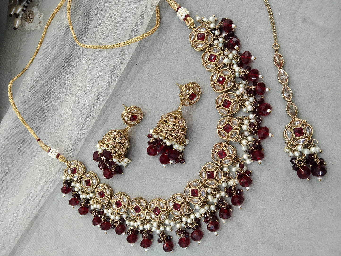 Indian  Jewellery Antique gold maroon necklace Tikka Set/Gold Bollywood Tauranga Set