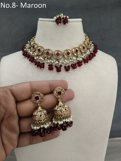 Indian  Jewellery Antique gold maroon necklace Tikka Set/Gold Bollywood Tauranga Set