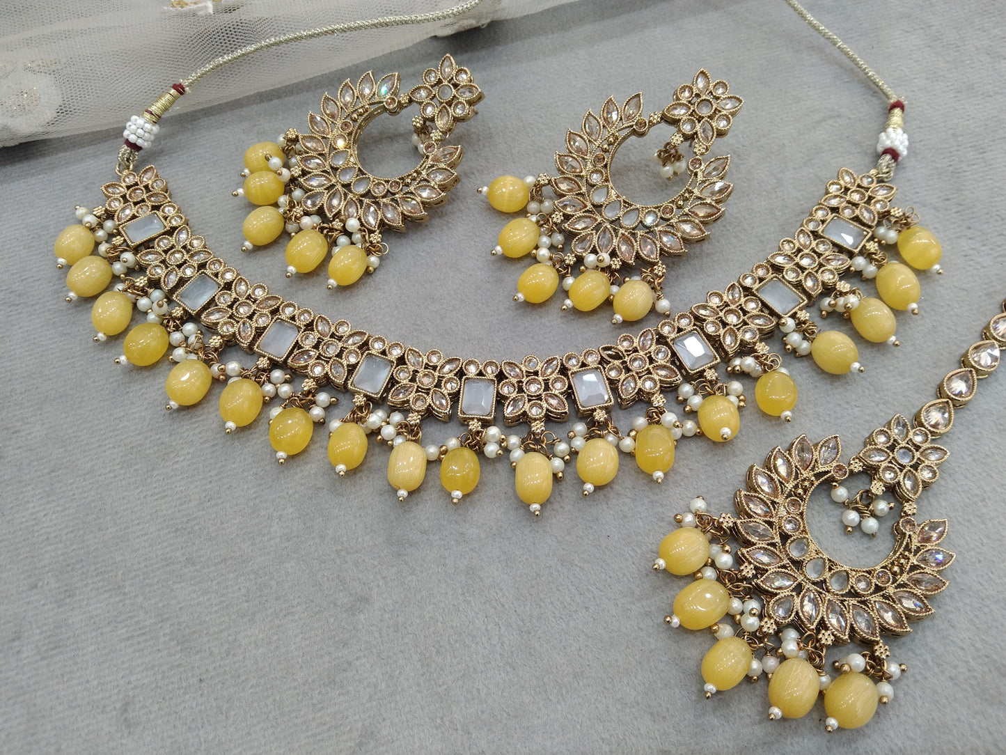 Antique Gold Yellow Grey Necklace Set/ Antique gold necklace Indian hiki Jewellery